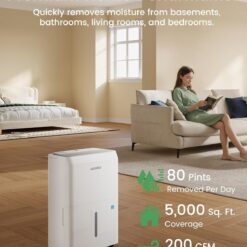 Waykar 5000 Sq.Ft Energy Star Dehumidifier for Basement & Home, 80 Pint/Day with Drain Hose & Tank, Ultra Quiet (40 dB), Smart Auto Comfort Mode