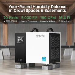 Waykar 70 Pint Energy Star Crawl Space Dehumidifier with Pump & Drain Hose for Basements, Commercial & Water Damage Spaces up to 5000 Sq. Ft., Compact, Strong Dehumidification, 5-Year Quality Coverage
