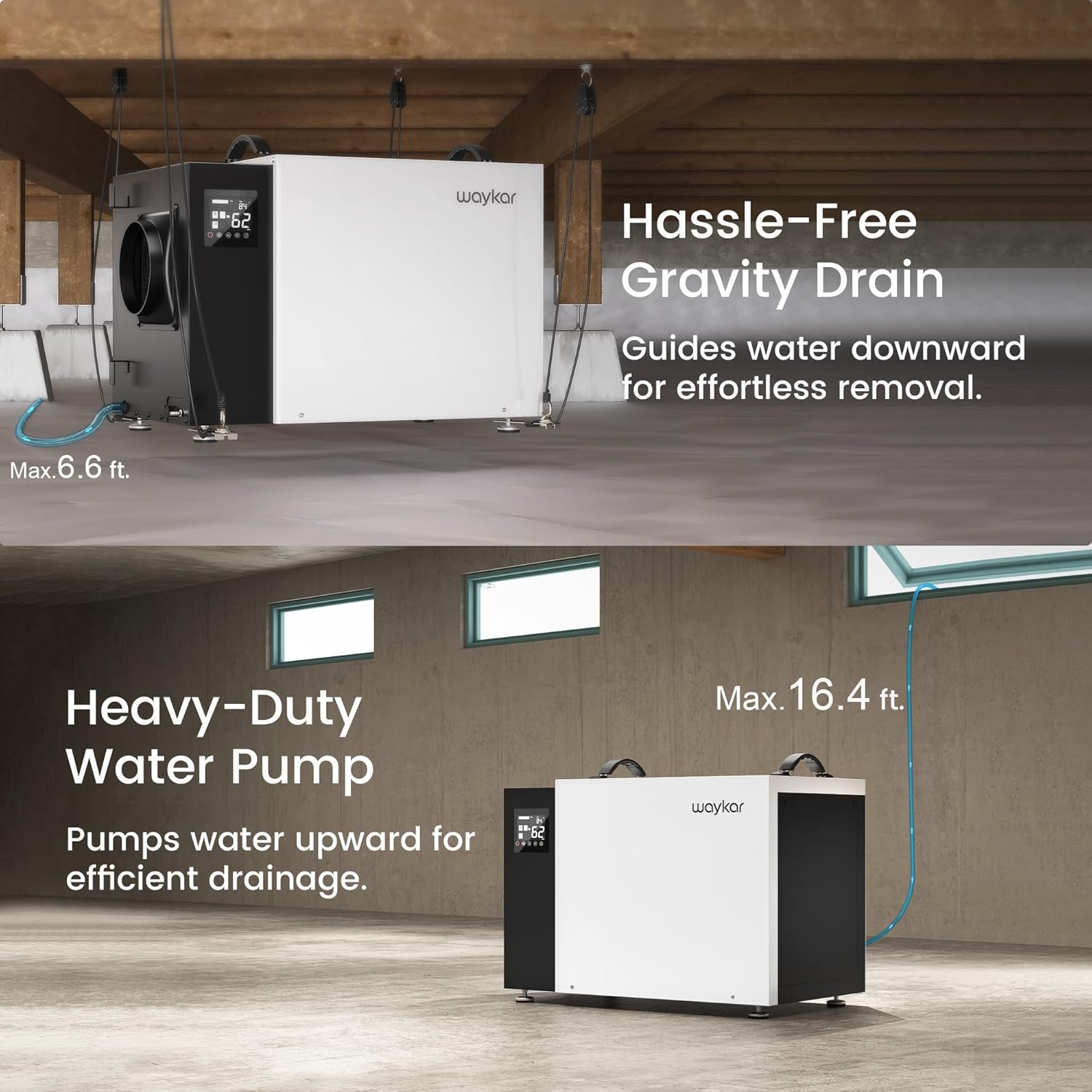 Waykar 216 Pint Crawl Space Dehumidifier with Pump & Drain Hose for Basements, Commercial & Water Damage Spaces up to 8000 Sq. Ft., Compact, Strong Dehumidification, 5-Year Quality Coverage