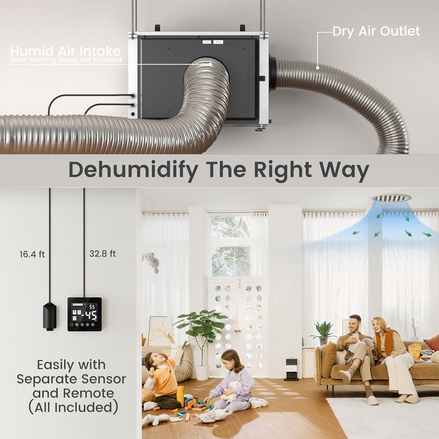 Waykar 216 Pints Crawl Space Dehumidifier with Pump, Remote Control & Dual Duct, HVAC Commercial Dehumidifier for Basement, Whole House & Water Damage, 8000 Sq. Ft, 10-90% RH - 5-Year Quality Coverage
