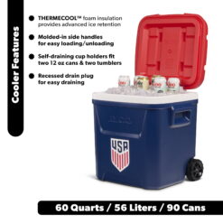 Igloo x USSF 60 QT Laguna Ice Chest Cooler with Wheels, US Soccer Rolling Cooler for Games and Practices, Red White and Blue
