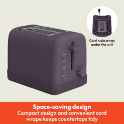 bella 2-Slice Toaster, 6 Setting Shade Control with Reheat, Cancel, Bagel & Defrost Buttons, Removable Crumb Tray, Anti Jam & Auto Shutoff, Plum