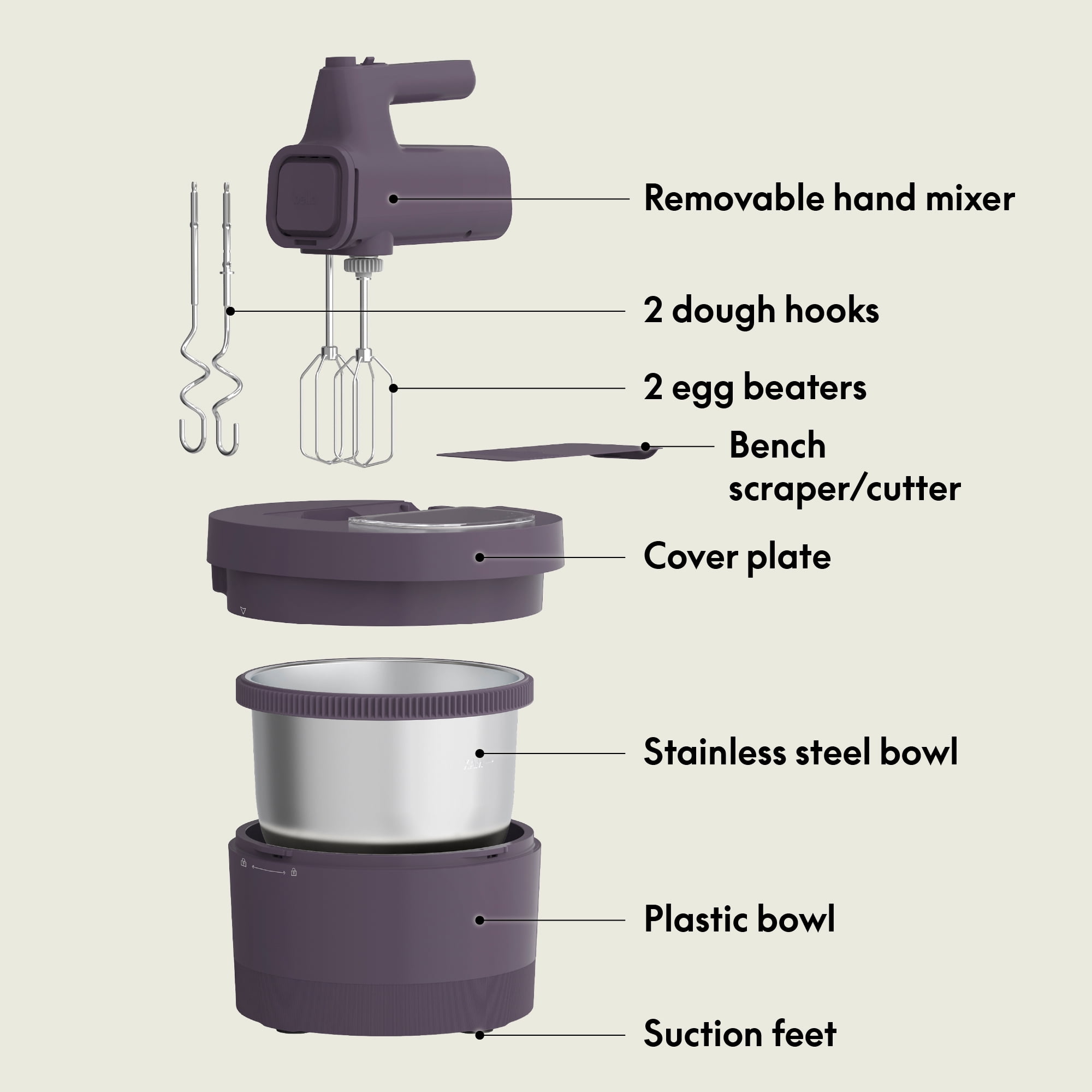 bella 3.5 Qt Hand & Stand Mixer, 2 in 1 Electric Mixer with Bowl, Dough Hook, Whisk & Egg Beater, Plum