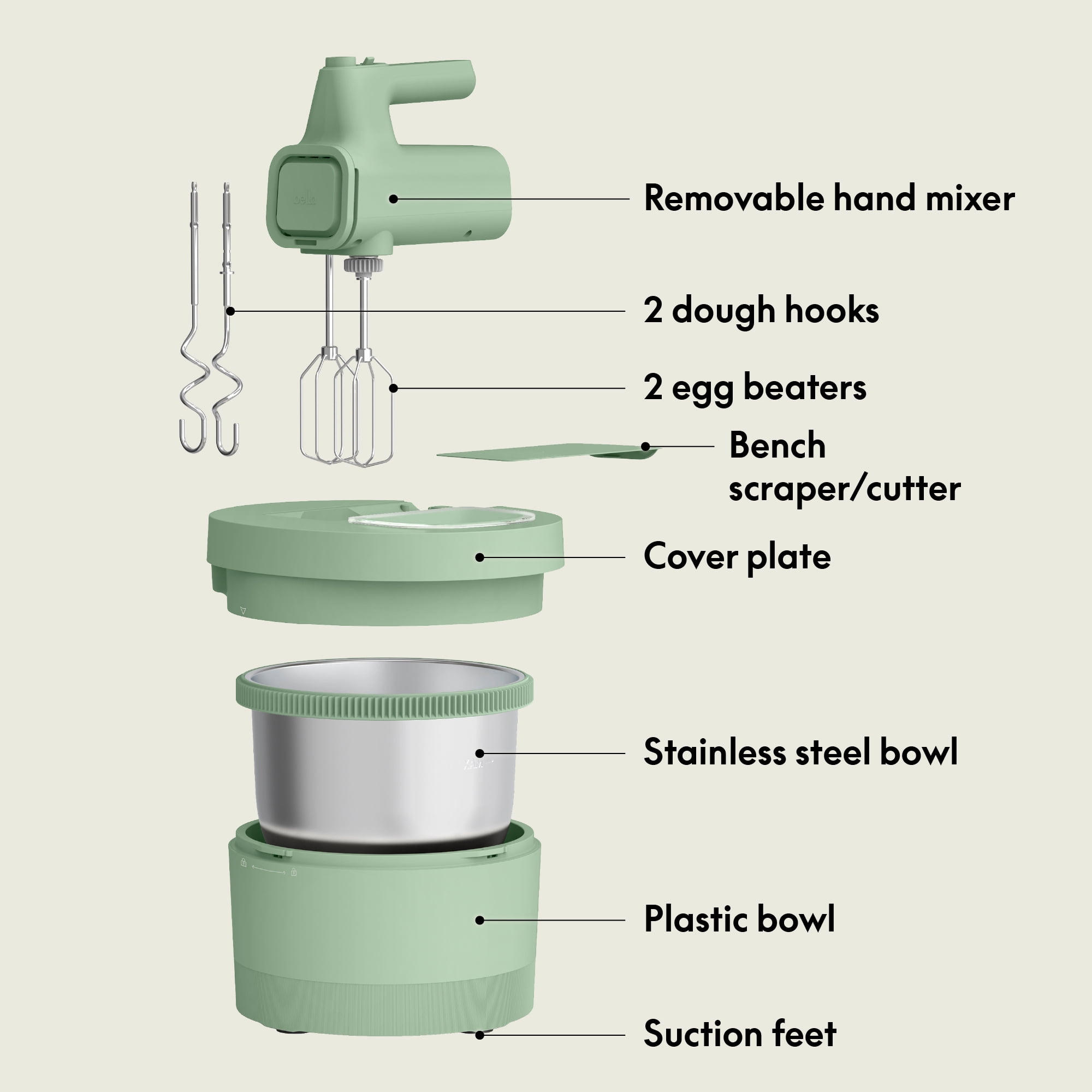 bella 3.5 Qt Hand & Stand Mixer, 2 in 1 Electric Mixer with Bowl, Dough Hook, Whisk & Egg Beater, Seaglass - Image 6