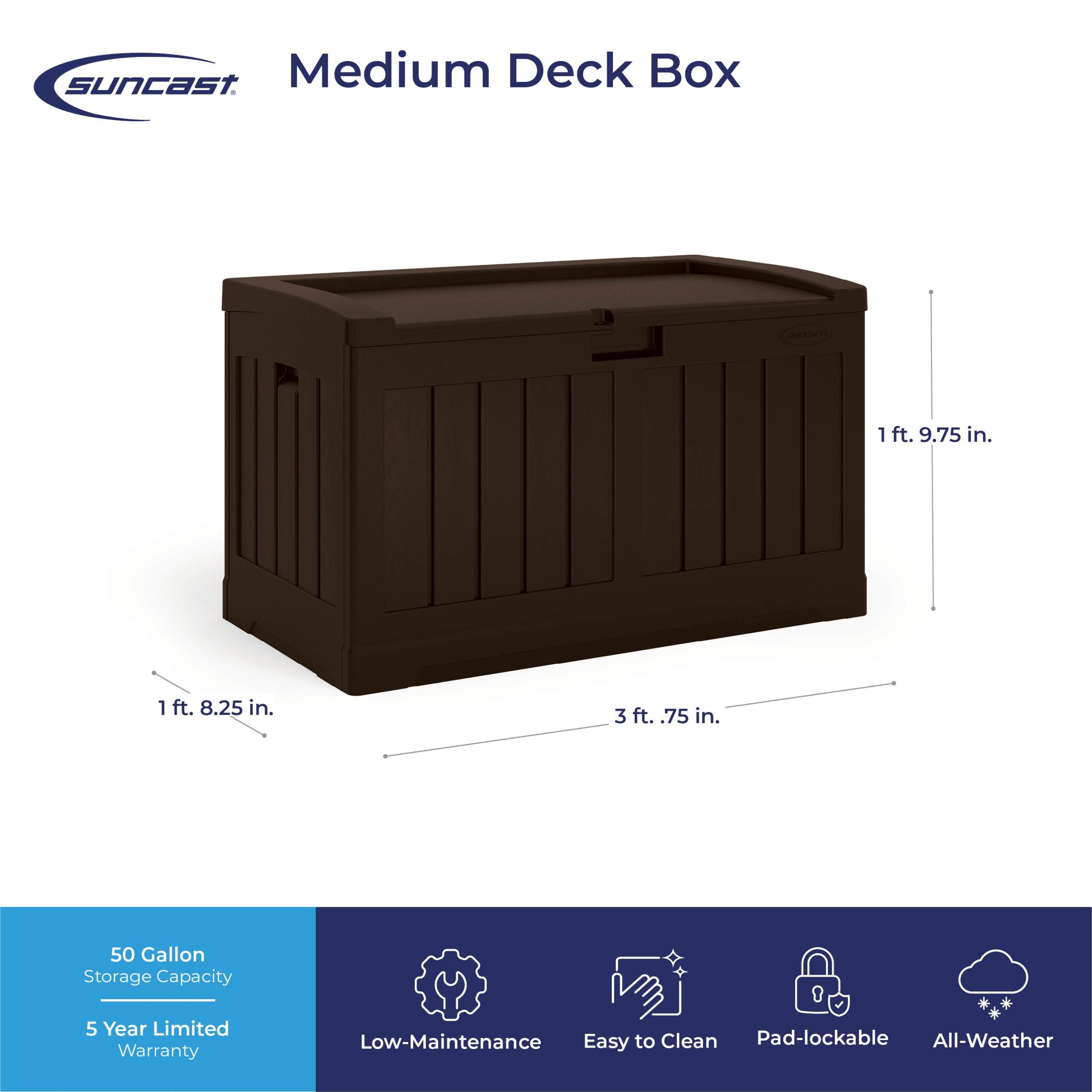 Suncast Medium 50-Gallon Java Plastic Deck Box
