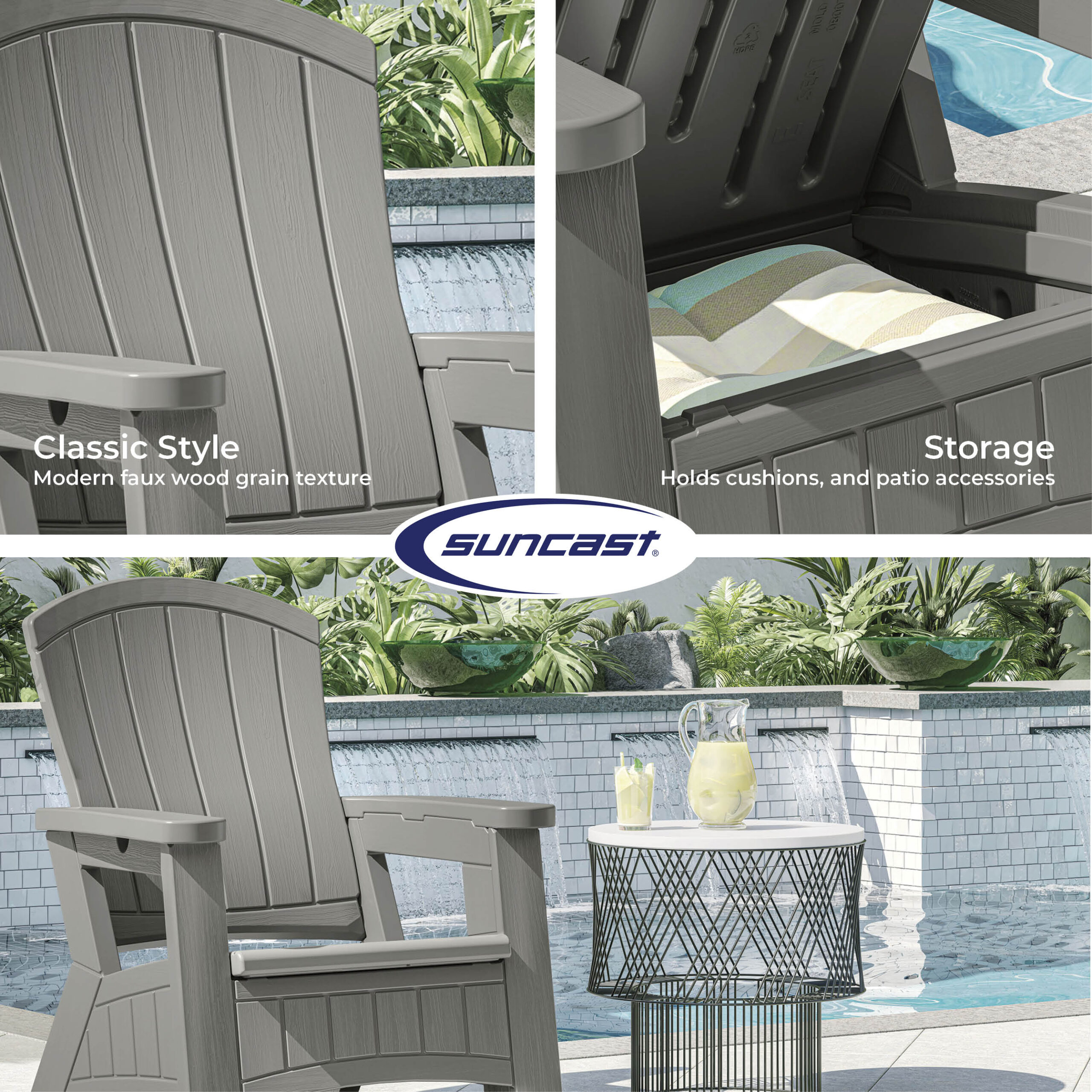 Suncast Adirondack Dove Gray Resin Frame Stationary Adirondack Chair with Solid Seat