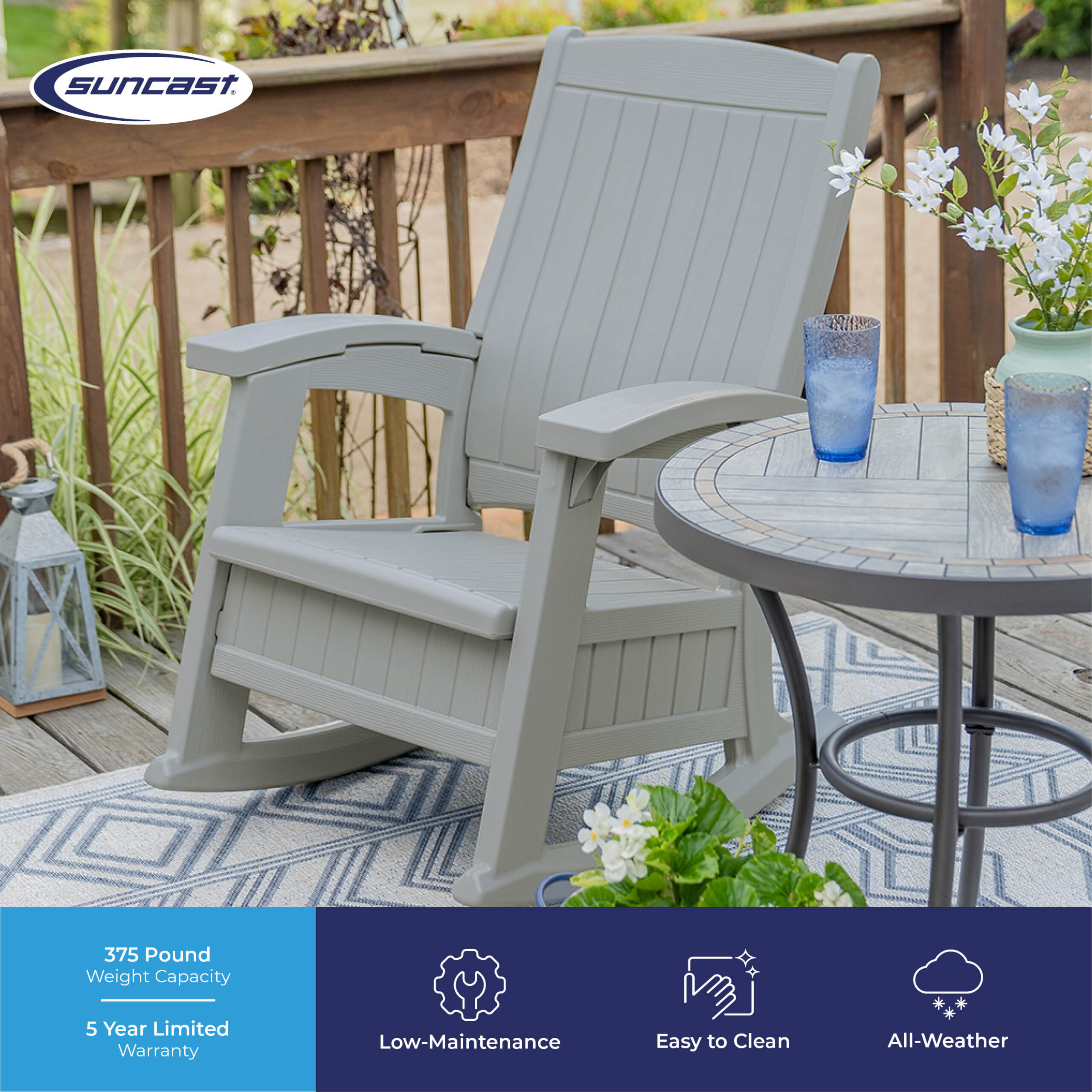 Suncast Storage Dove Gray Plastic Frame Rocking Chair with Solid Seat