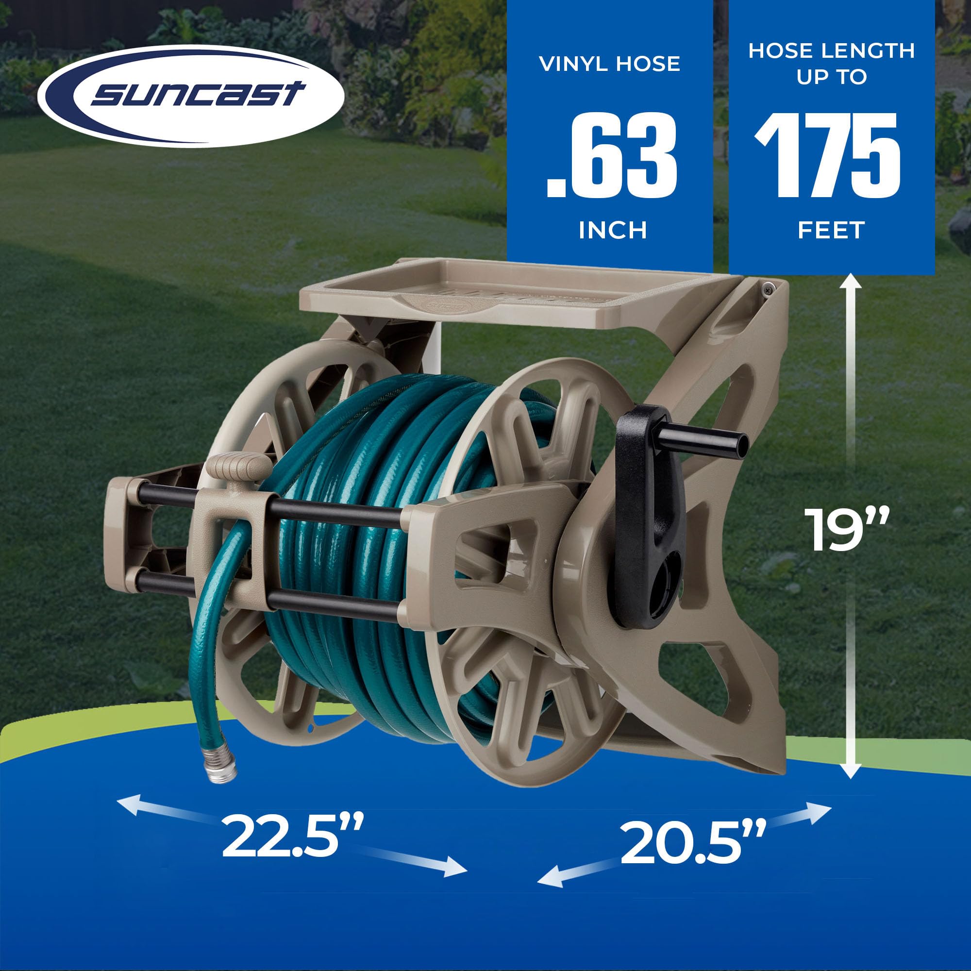 Suncast Hose Handler Wall-Mounted Reel Light Taupe - Holds 175 ft of 58-in Hose Resin with Slide Trak Guide and Accessory Tray.