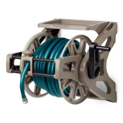 Suncast Hose Handler Wall-Mounted Reel Light Taupe - Holds 175 ft of 58-in Hose Resin with Slide Trak Guide and Accessory Tray.
