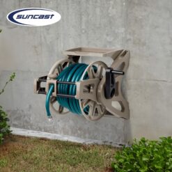 Suncast Hose Handler Wall-Mounted Reel Light Taupe - Holds 175 ft of 58-in Hose Resin with Slide Trak Guide and Accessory Tray.