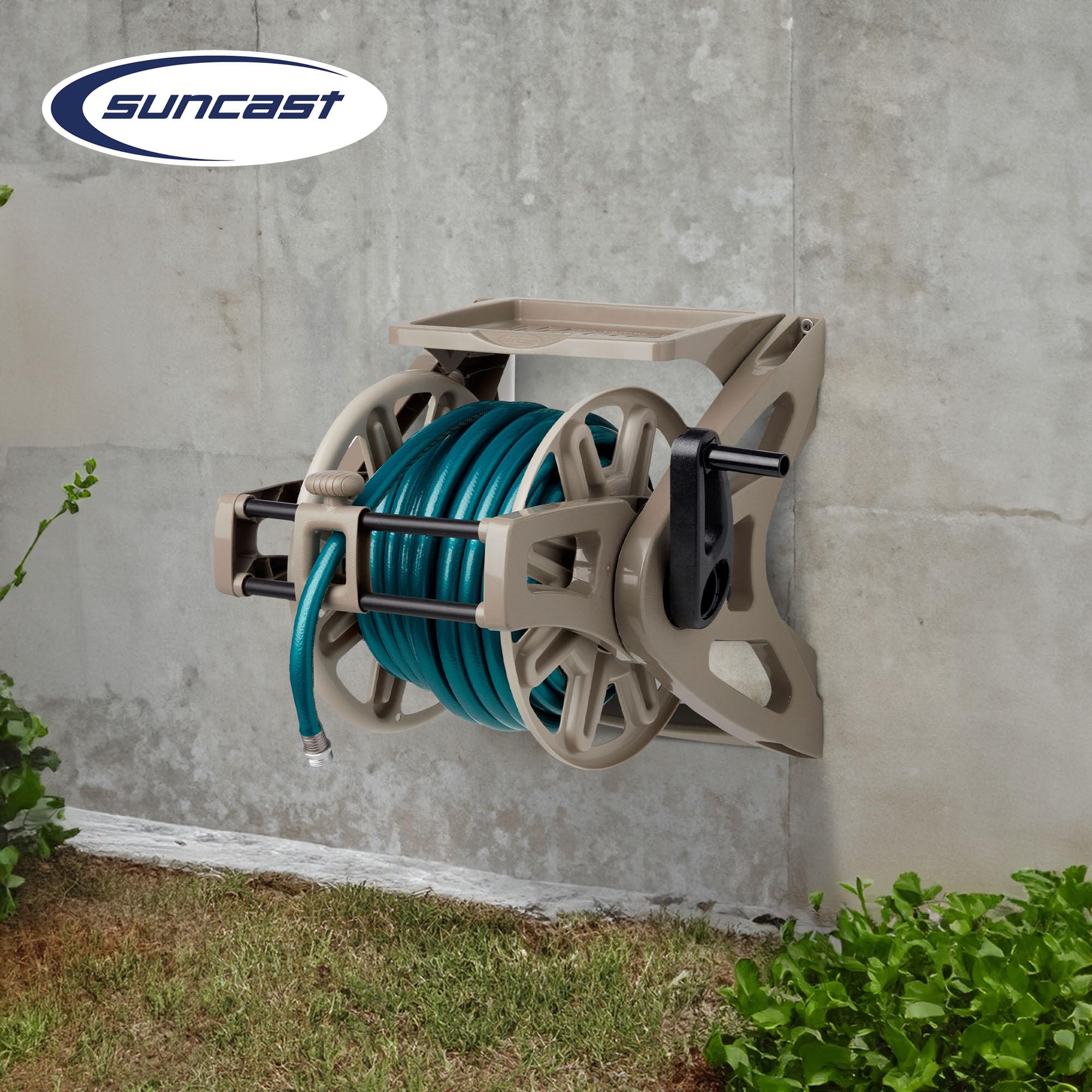 Suncast Hose Handler Wall-Mounted Reel Light Taupe - Holds 175 ft of 58-in Hose Resin with Slide Trak Guide and Accessory Tray.