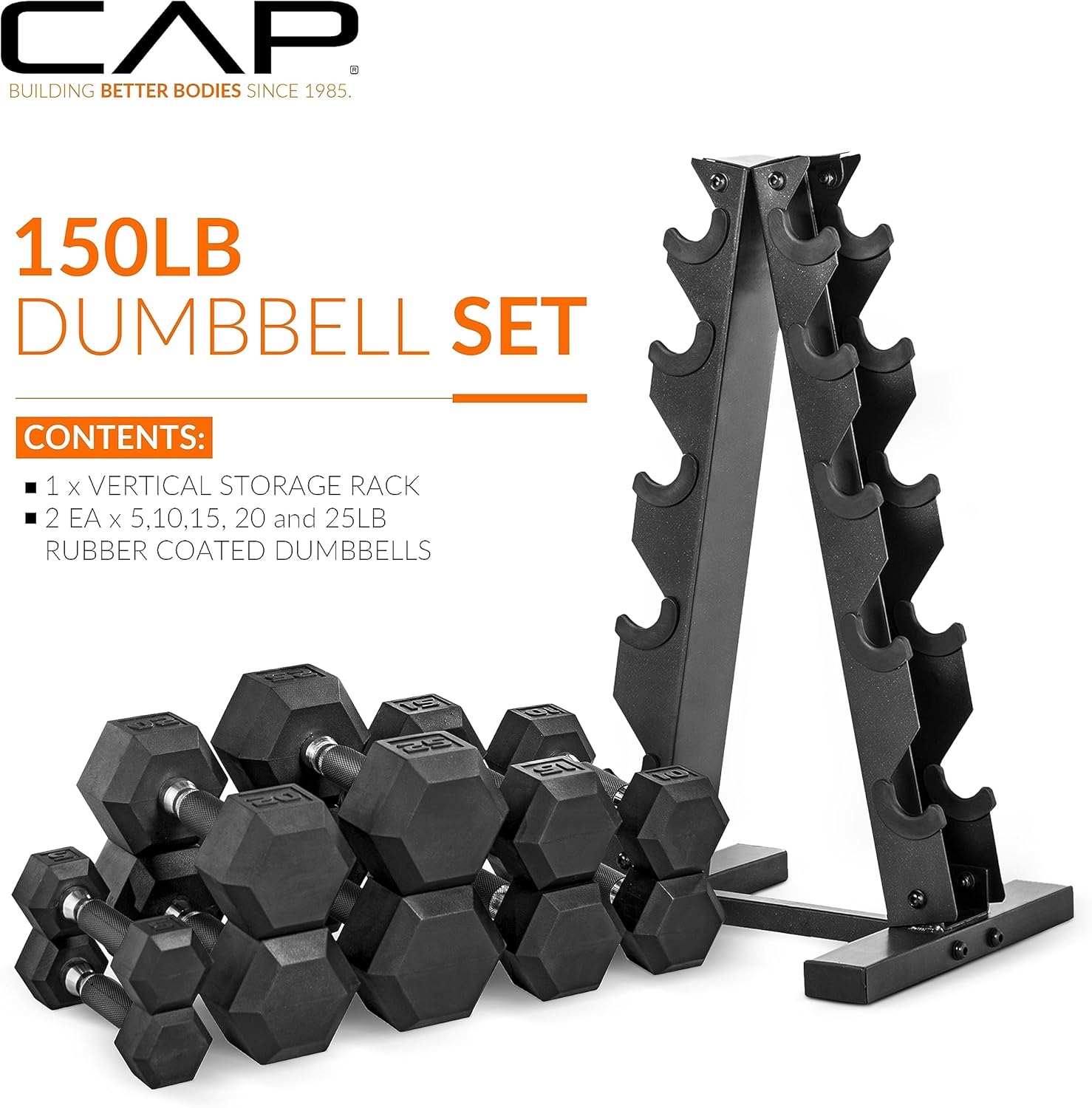 CAP Rubber Coated Hex Dumbbell Set with Storage Rack | 100–210 lb Options, Space-Saving Vertical Compact Storage for Home Gym Strength Training