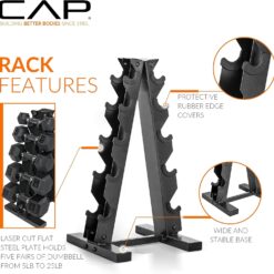 CAP Rubber Coated Hex Dumbbell Set with Storage Rack | 100–210 lb Options, Space-Saving Vertical Compact Storage for Home Gym Strength Training