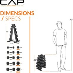 CAP Rubber Coated Hex Dumbbell Set with Storage Rack | 100–210 lb Options, Space-Saving Vertical Compact Storage for Home Gym Strength Training