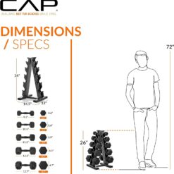 CAP Rubber Coated Hex Dumbbell Set with Storage Rack | 100–210 lb Options, Space-Saving Vertical Compact Storage for Home Gym Strength Training