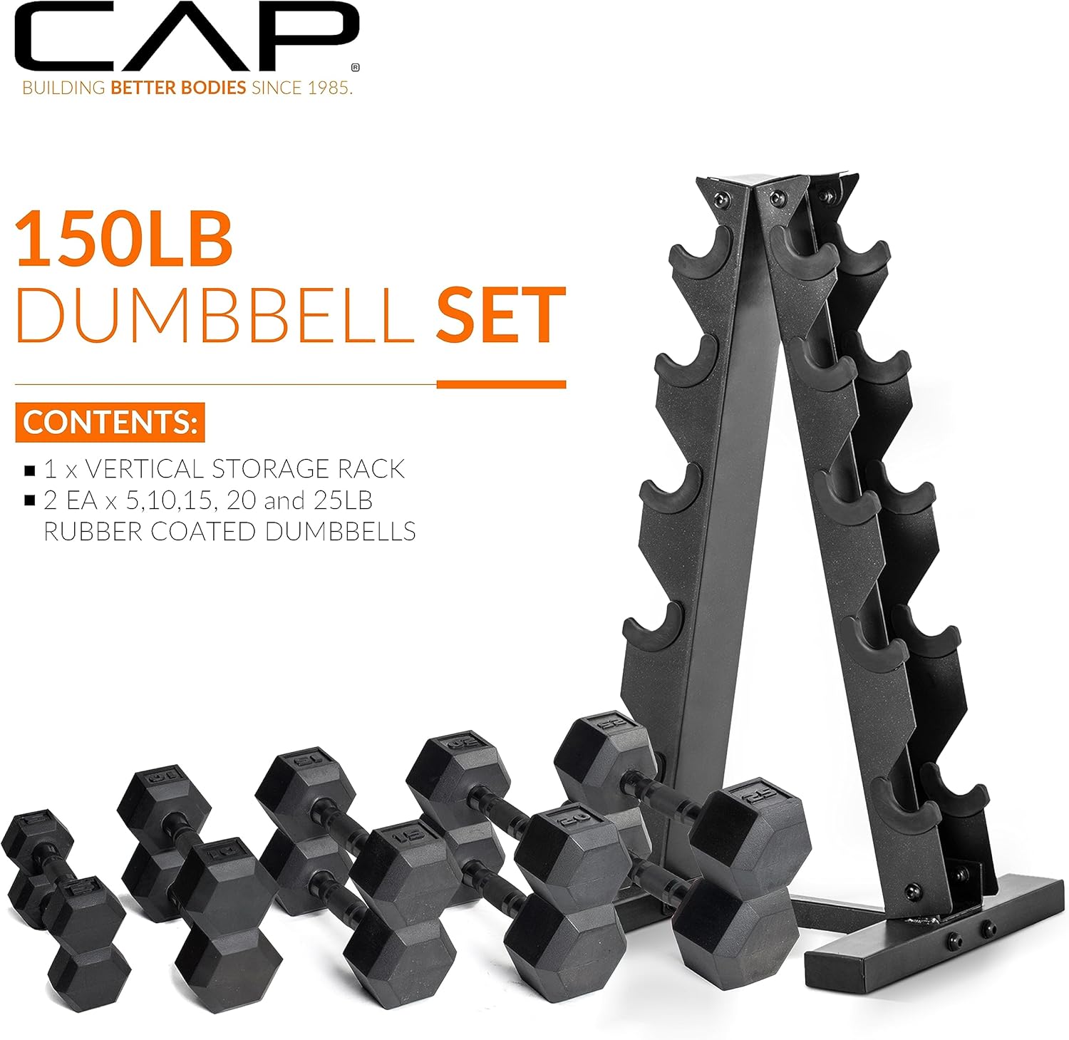 CAP Rubber Coated Hex Dumbbell Set with Storage Rack | 100–210 lb Options, Space-Saving Vertical Compact Storage for Home Gym Strength Training