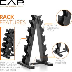 CAP Rubber Coated Hex Dumbbell Set with Storage Rack | 100–210 lb Options, Space-Saving Vertical Compact Storage for Home Gym Strength Training