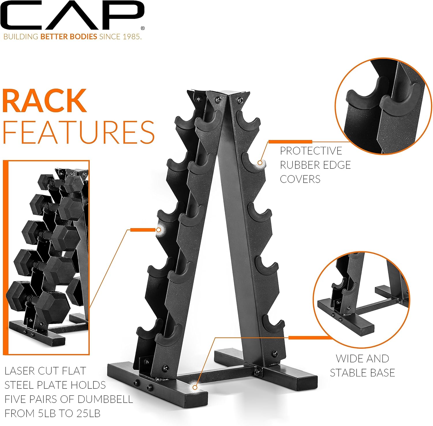 CAP Rubber Coated Hex Dumbbell Set with Storage Rack | 100–210 lb Options, Space-Saving Vertical Compact Storage for Home Gym Strength Training