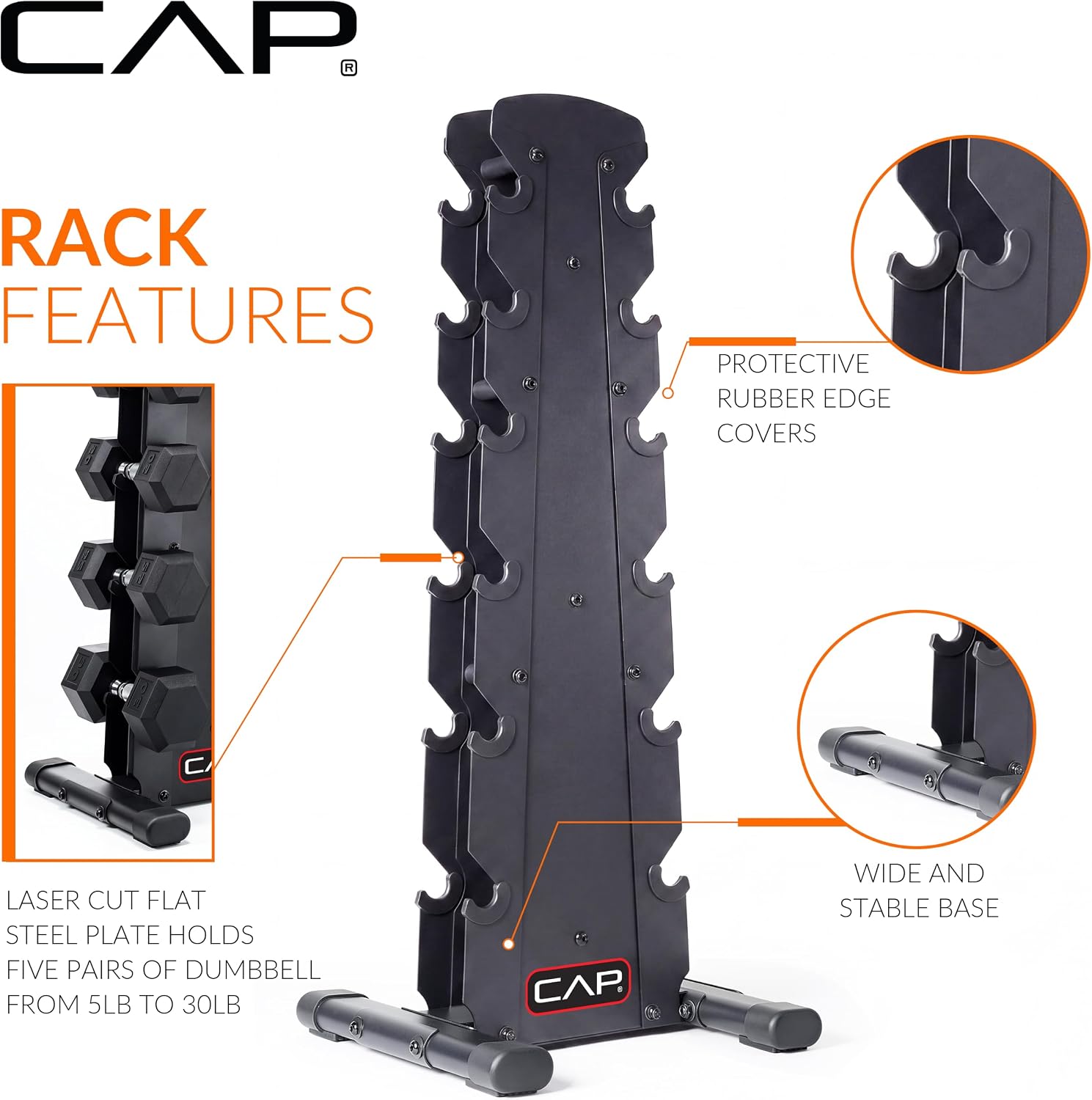 CAP Rubber Coated Hex Dumbbell Set with Storage Rack | 100–210 lb Options, Space-Saving Vertical Compact Storage for Home Gym Strength Training