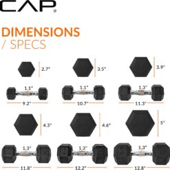 CAP Rubber Coated Hex Dumbbell Set with Storage Rack | 100–210 lb Options, Space-Saving Vertical Compact Storage for Home Gym Strength Training