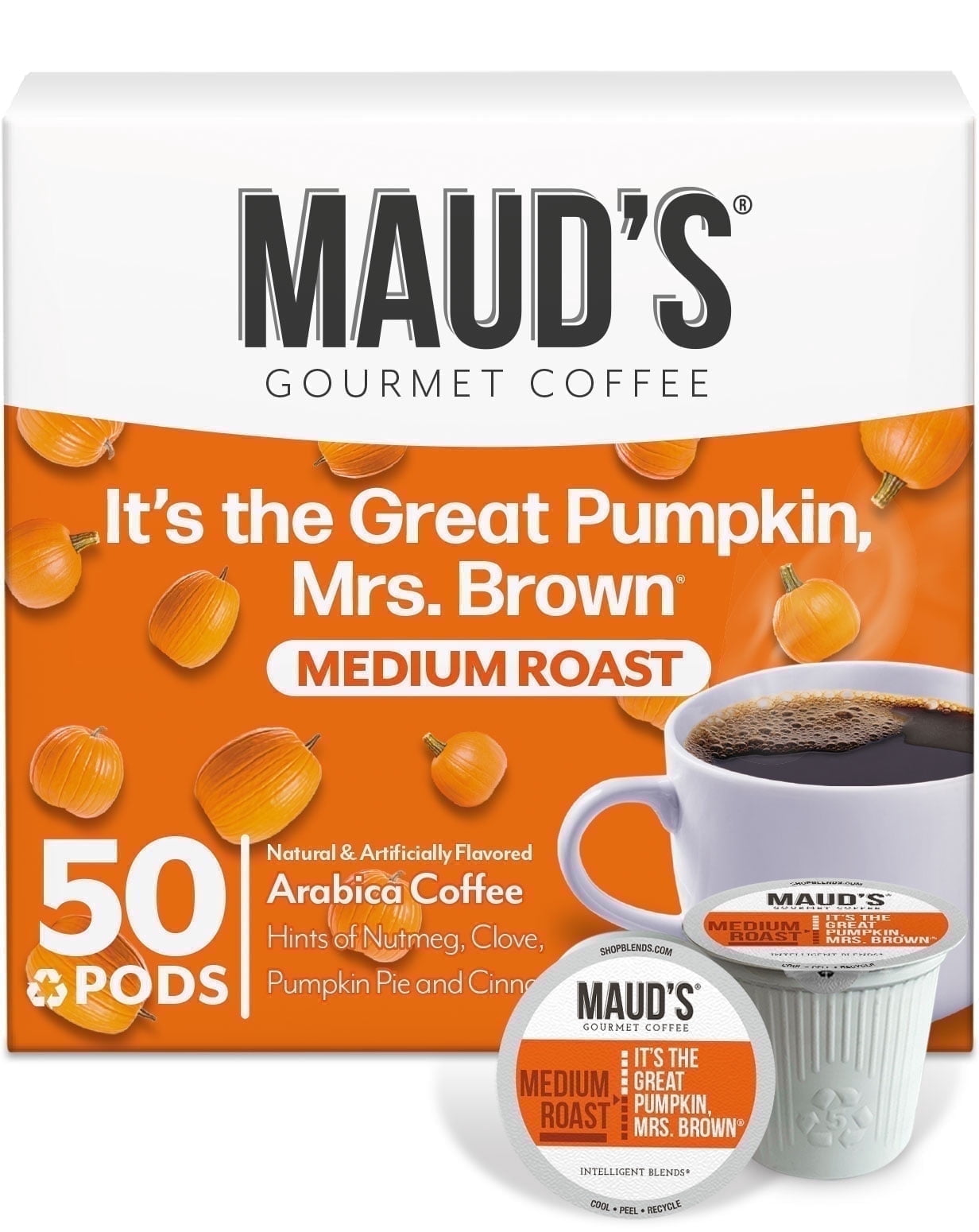 Maud's Pumpkin Spice Flavored Coffee Pods, 50 ct - 100% Arabica Medium Roast Coffee, Solar Energy Produced Single Coffee Pods Compatible with Keurig K-Cup Brewers