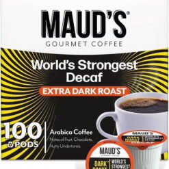 Maud's World's Strongest Decaf Coffee Pods, 100 ct, Decaffeinated Dark Roast Coffee in Single Serve Pods – 100% Arabica Beans, Compatible with Keurig K Cups Maker