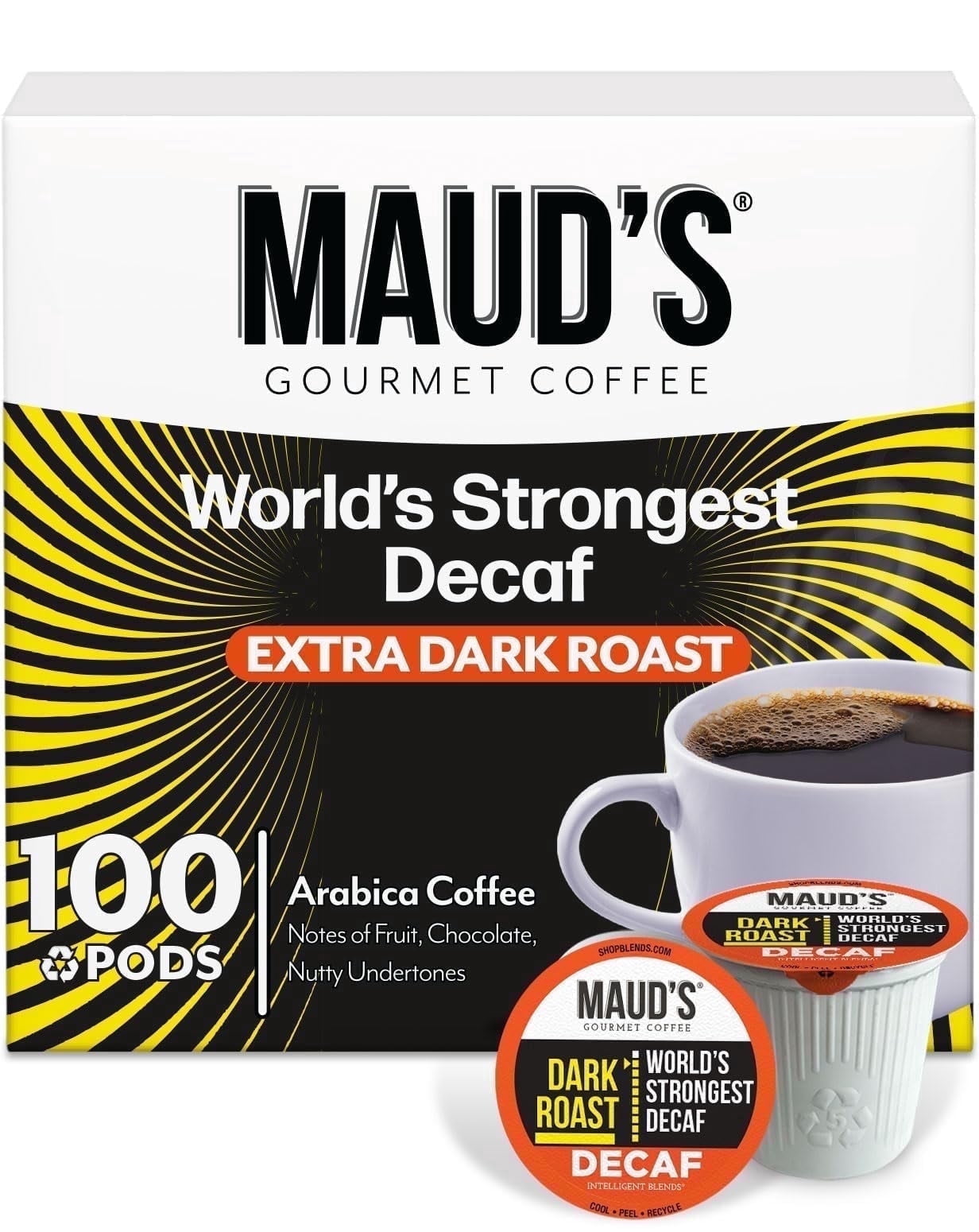 Maud's World's Strongest Decaf Coffee Pods, 100 ct, Decaffeinated Dark Roast Coffee in Single Serve Pods – 100% Arabica Beans, Compatible with Keurig K Cups Maker