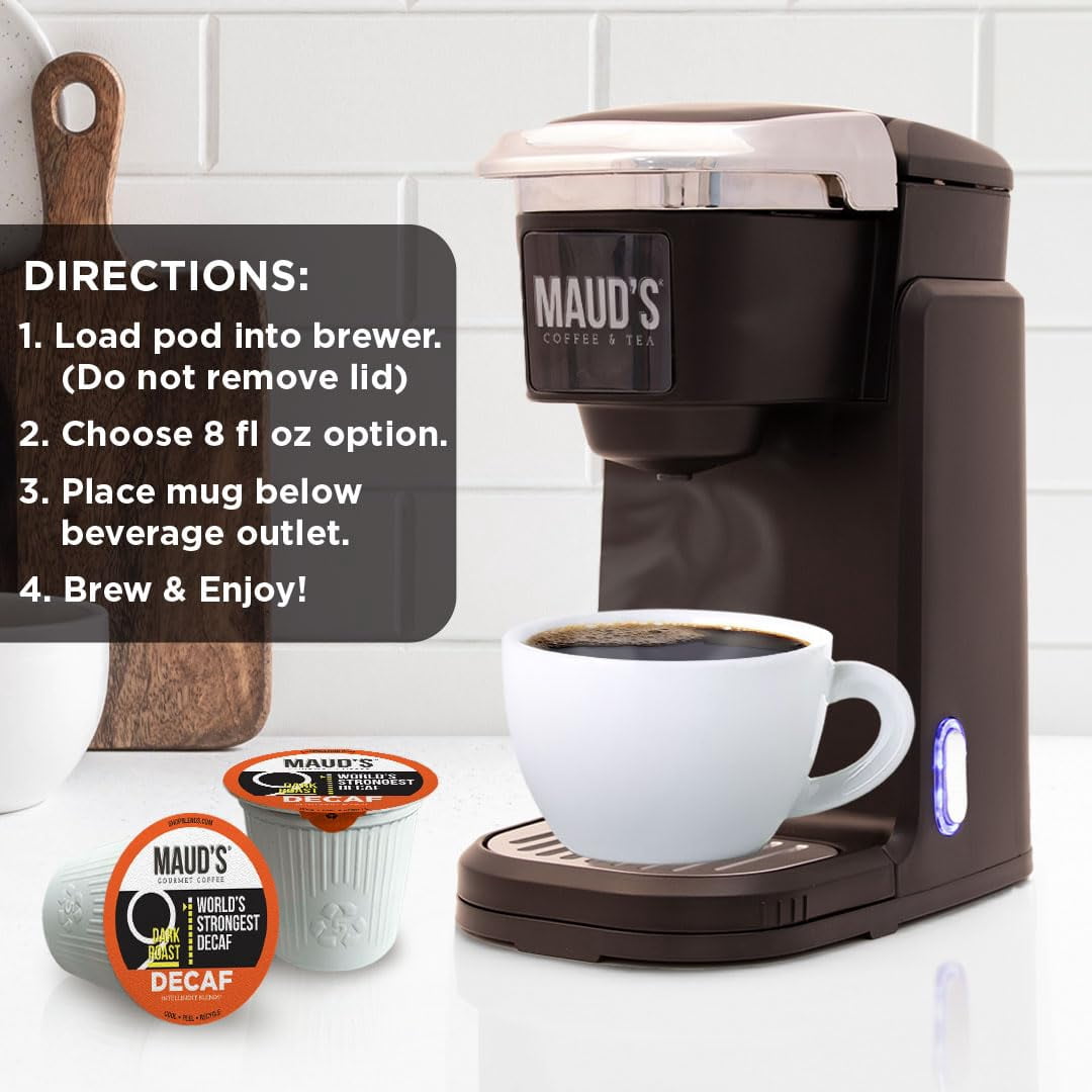 Maud's World's Strongest Decaf Coffee Pods, 100 ct, Decaffeinated Dark Roast Coffee in Single Serve Pods – 100% Arabica Beans, Compatible with Keurig K Cups Maker