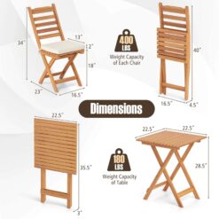 Costway 3-Piece Folding Bistro Set with Removable Seat Cushions Outdoor Table and Chairs