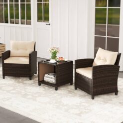 Costway 3 PCS Patio Sofa Set with Cushions and Tempered Glass Tabletop for Backyard