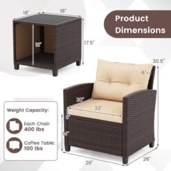 Costway 3 PCS Patio Sofa Set with Cushions and Tempered Glass Tabletop for Backyard
