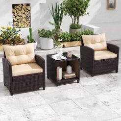 Costway 3 PCS Patio Sofa Set with Cushions and Tempered Glass Tabletop for Backyard
