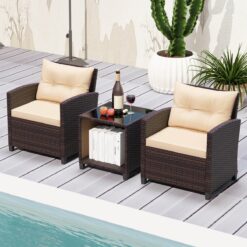 Costway 3 PCS Patio Sofa Set with Cushions and Tempered Glass Tabletop for Backyard