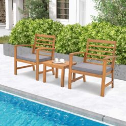 Costway 3 PCS Outdoor Furniture Set Acacia Wood Conversation Set with Soft Seat Cushions Grey