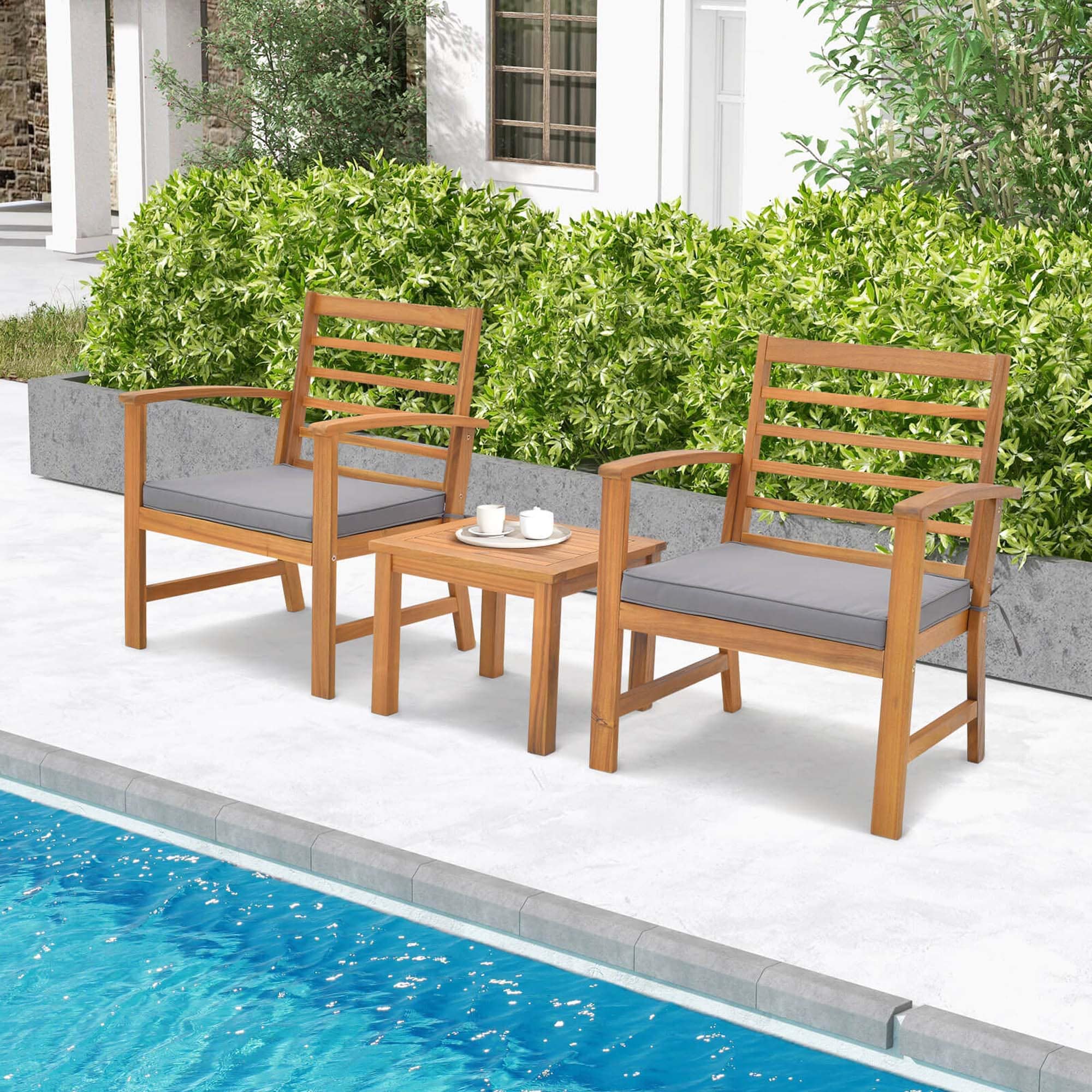 Costway 3 PCS Outdoor Furniture Set Acacia Wood Conversation Set with Soft Seat Cushions Grey