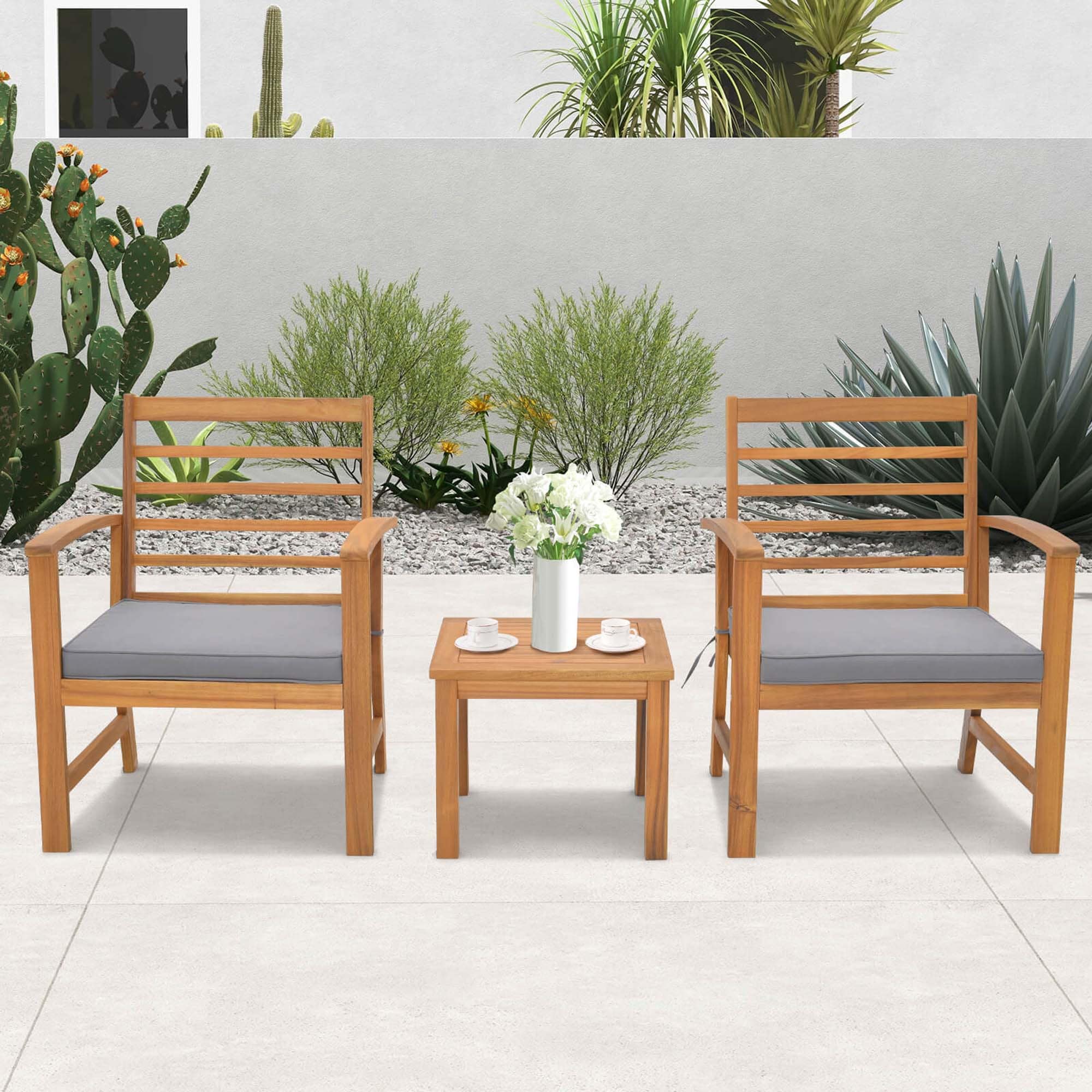 Costway 3 PCS Outdoor Furniture Set Acacia Wood Conversation Set with Soft Seat Cushions Grey