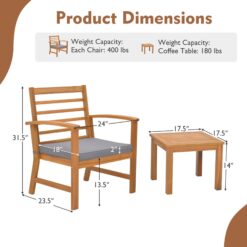 Costway 3 PCS Outdoor Furniture Set Acacia Wood Conversation Set with Soft Seat Cushions Grey