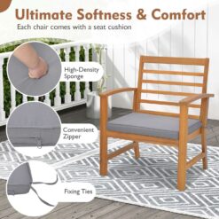 Costway 3 PCS Outdoor Furniture Set Acacia Wood Conversation Set with Soft Seat Cushions Grey