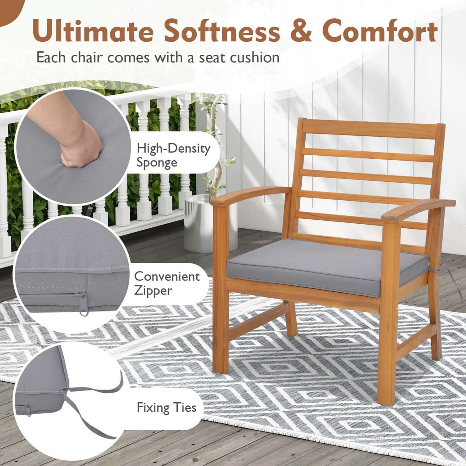 Costway 3 PCS Outdoor Furniture Set Acacia Wood Conversation Set with Soft Seat Cushions Grey