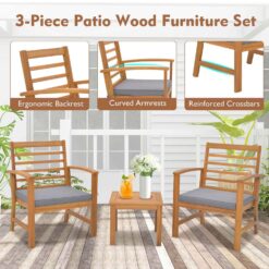 Costway 3 PCS Outdoor Furniture Set Acacia Wood Conversation Set with Soft Seat Cushions Grey