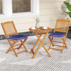 Costway 3 PCS Acacia Wood Patio Bistro Set Folding Table and Chairs Set with Cushions Navy
