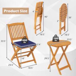 Costway 3 PCS Acacia Wood Patio Bistro Set Folding Table and Chairs Set with Cushions Navy