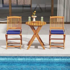 Costway 3 PCS Acacia Wood Patio Bistro Set Folding Table and Chairs Set with Cushions Navy