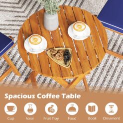 Costway 3 PCS Acacia Wood Patio Bistro Set Folding Table and Chairs Set with Cushions Navy