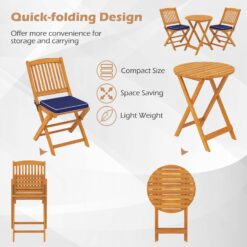 Costway 3 PCS Acacia Wood Patio Bistro Set Folding Table and Chairs Set with Cushions Navy