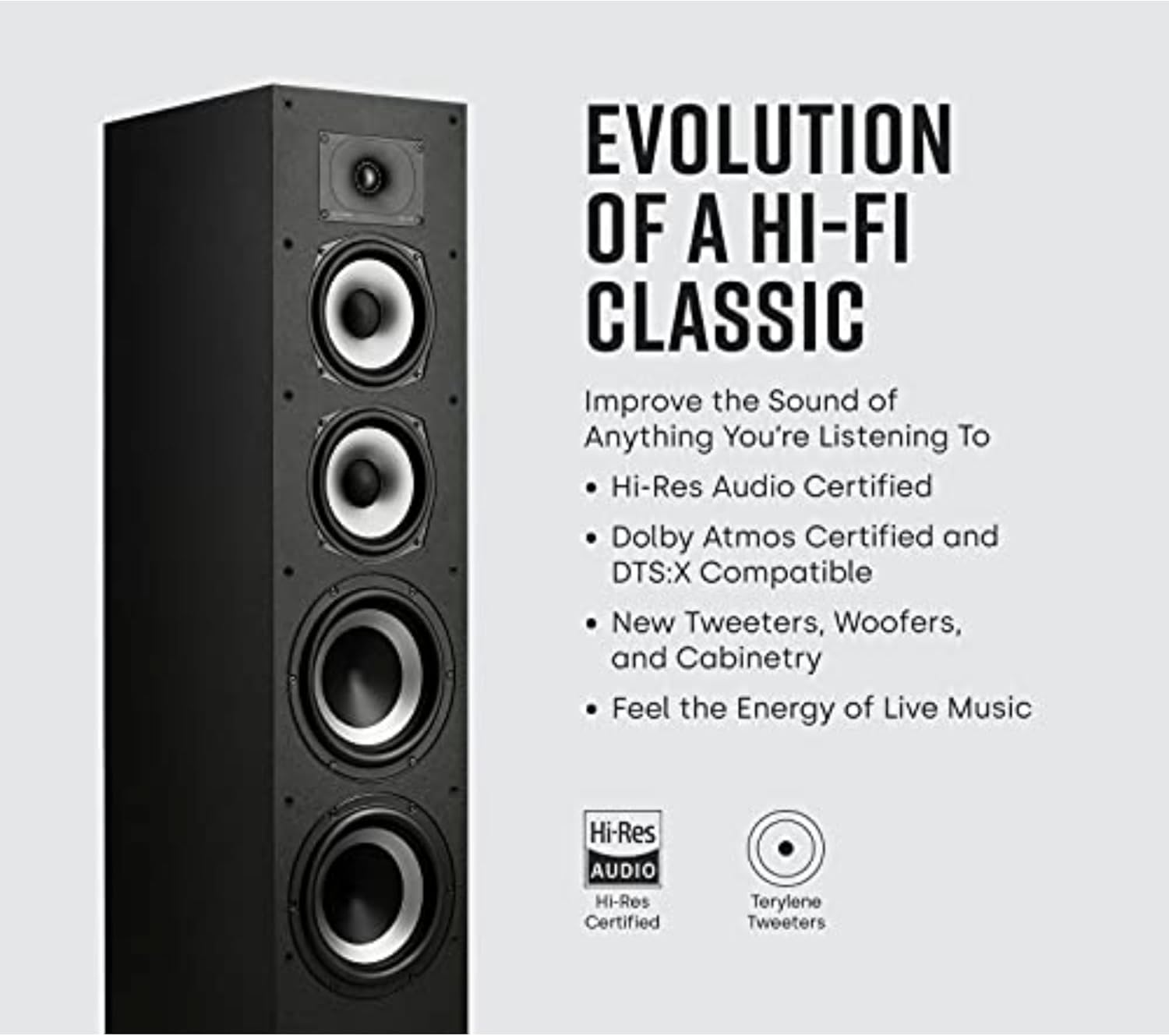 Polk Monitor XT70 Large Tower Speaker, Home Stereo Speakers, Hi-Res Audio, Dolby Atmos & DTS:X Compatible, 1" Tweeter, (2) 6.5" Balanced Woofers, (2) 8" Passive Radiators (Single, Midnight Black)