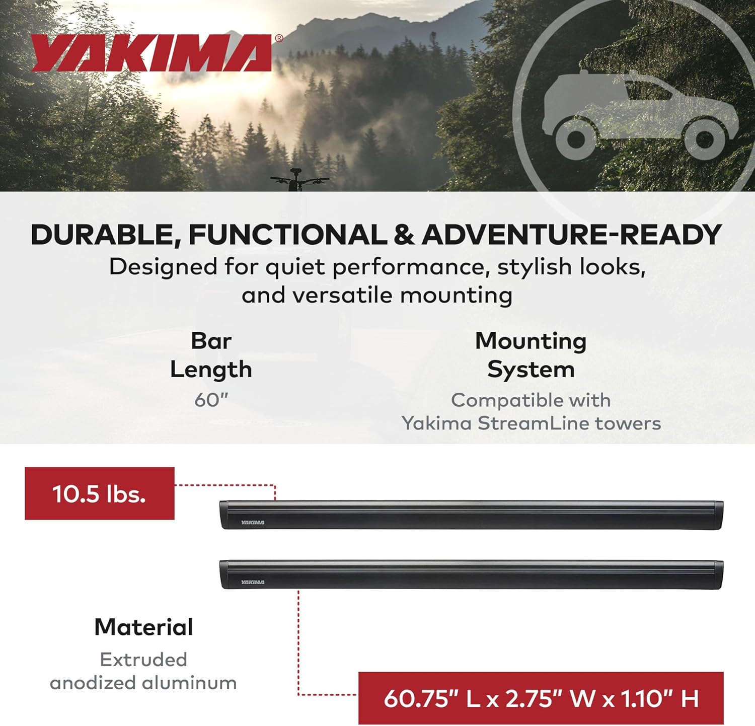 Yakima 60 Inch Aluminum T Slot Jetstream Bar Aerodynamic Crossbars for Roof Rack Systems Compatible with Any Streamline Tower, Black, Set of 2