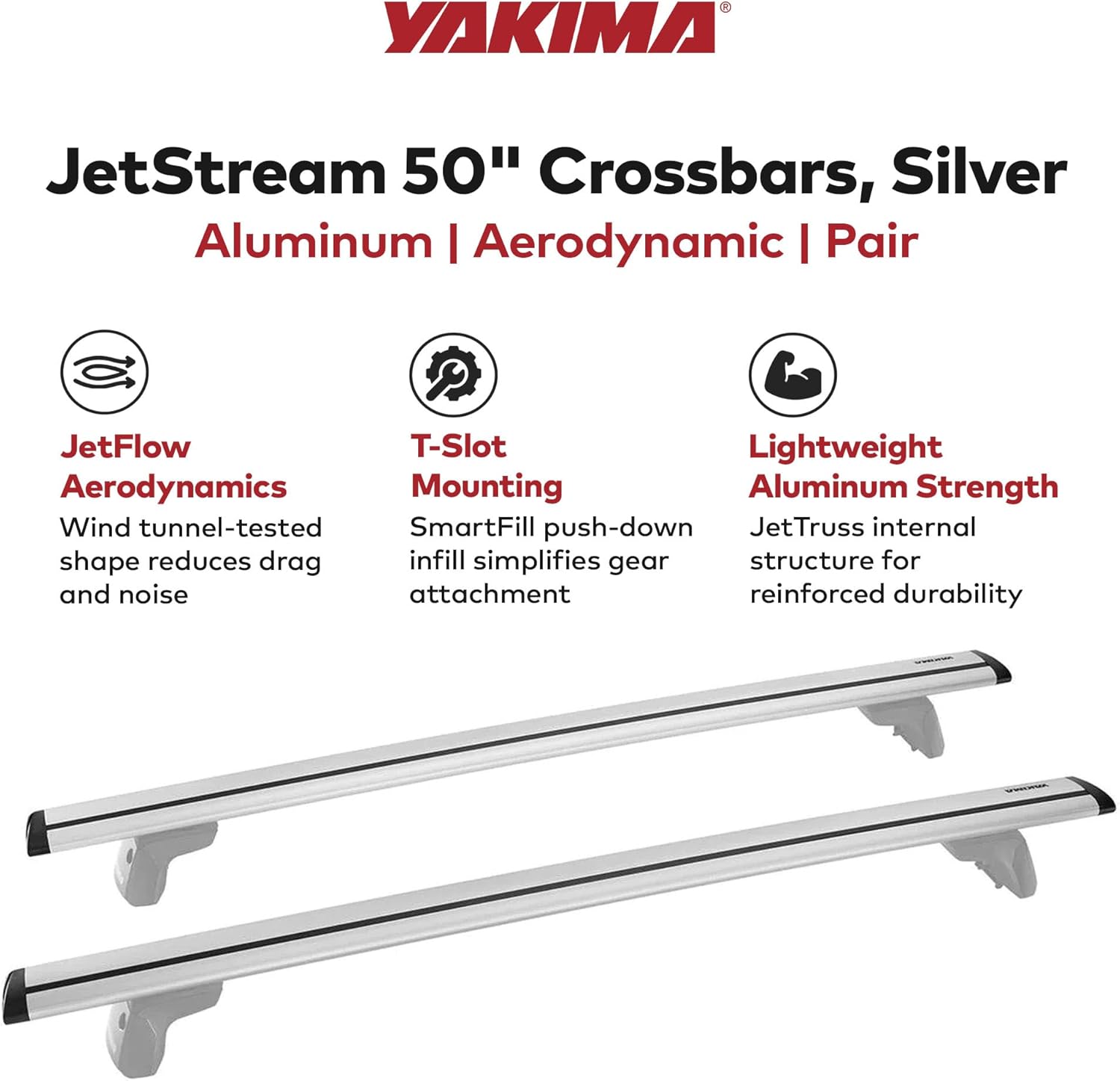 YAKIMA, JetStream Bar Aerodynamic Crossbars for Roof Rack Systems, Set of 2, Silver, Small (50")