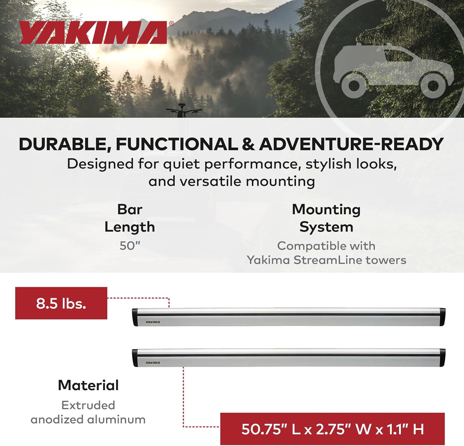 YAKIMA, JetStream Bar Aerodynamic Crossbars for Roof Rack Systems, Set of 2, Silver, Small (50")