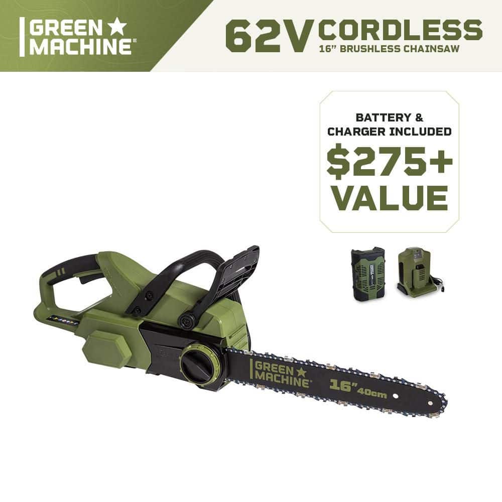 Green Machine 62V Brushless 16 in. Battery Chainsaw Auto-tensioning system, easy trigger start with 4 Ah Battery and Charger GMCS6200